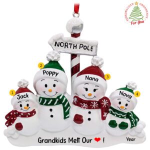 Grandparents And 2 Grandkids Snowmen North Pole Personalized Ornament