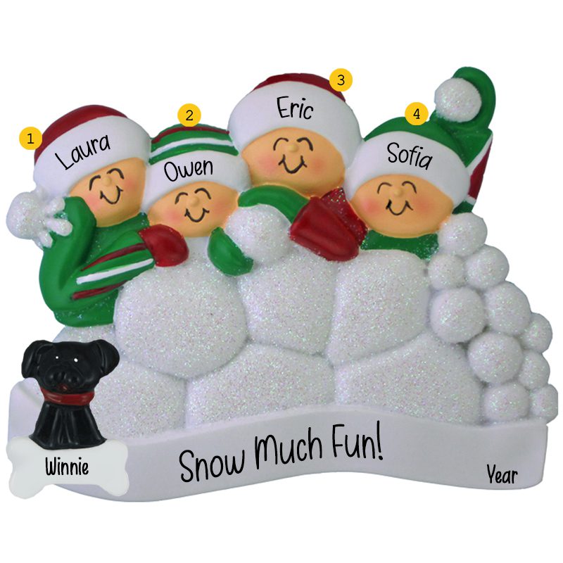 Personalized Family of 4 With Pet Snowball Fight Glittered Ornament ...