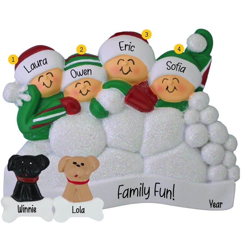 Personalized Family of 4 With 2 Pets Snowball Fight Glittered Ornament ...