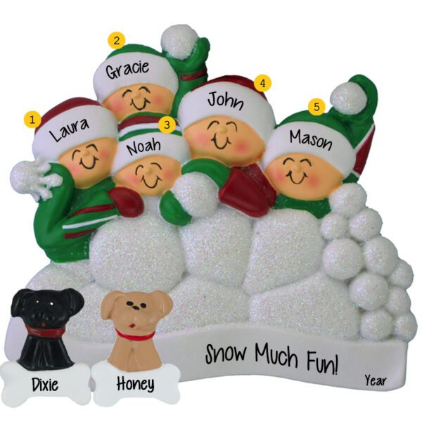 Personalized Family of 5 With 2 Pets Snowball Fight Glittered Ornament ...