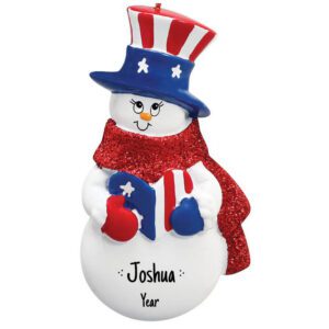 Patriotic Snowman Wearing Glittered Scarf Personalized Ornament
