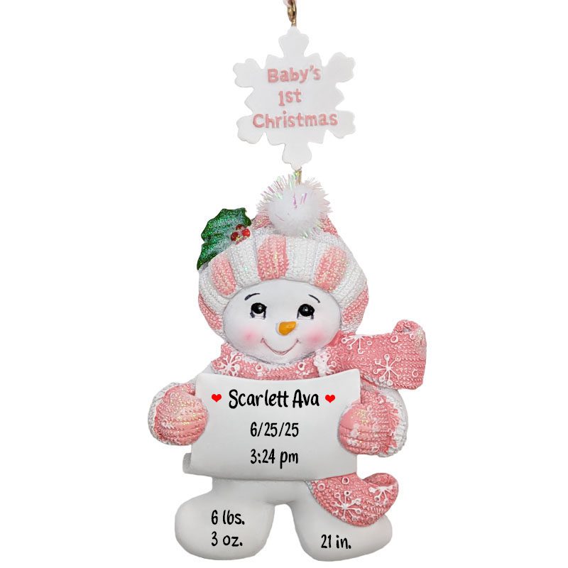 Baby GIRL Snowman 1st Christmas With Birth Stats Ornament PINK ...