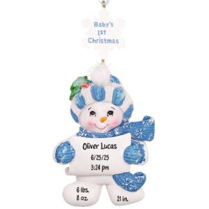 Baby BOY Snowman 1st Christmas With Birth Stats Ornament BLUE