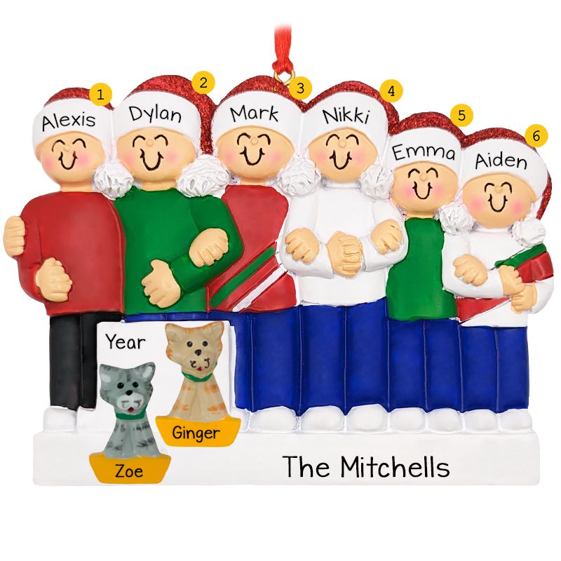 Personalized Family Of 6 With 2 Cats Linked Arms Ornament ...