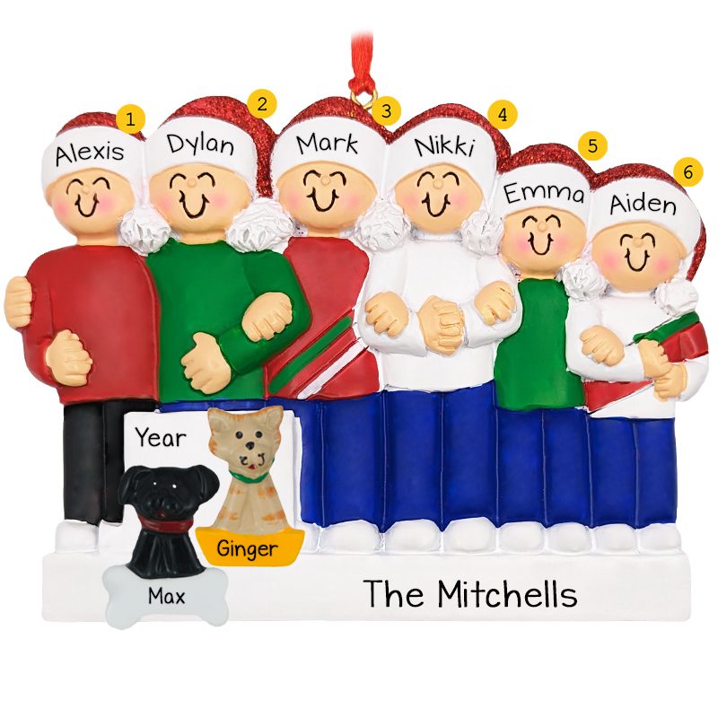 Personalized Family Of 6 With 2 Pets Linked Arms Ornament ...