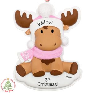 Girl's 3rd Christmas Moose Wearing Hat And Scarf Ornament PINK