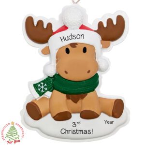 Personalized 3rd Christmas Cute Moose Wearing Scarf Ornament GREEN