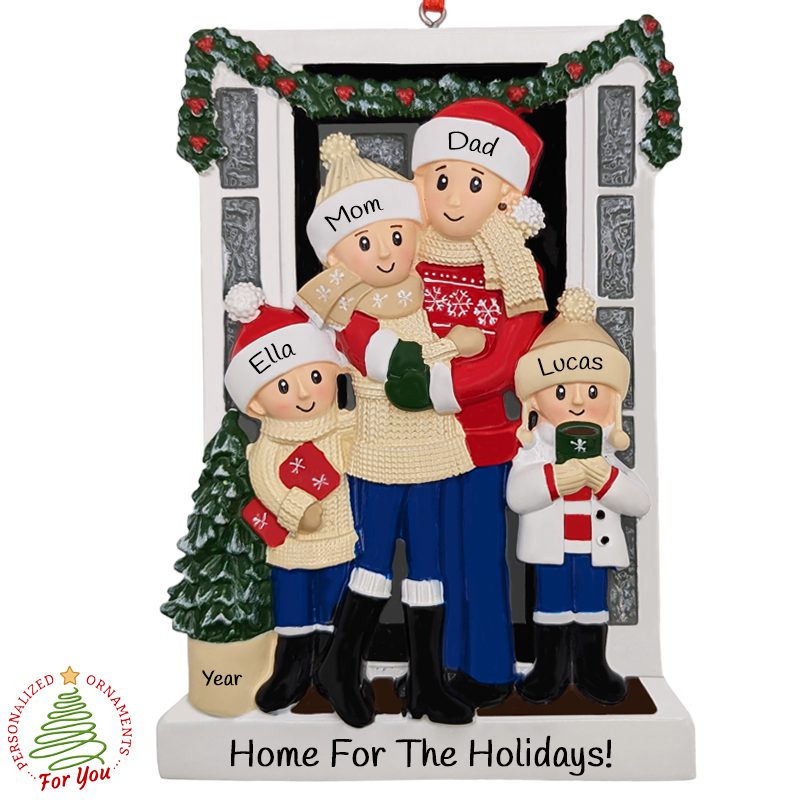Personalized Family Of 4 In Front Festive Home Ornament - Personalized ...