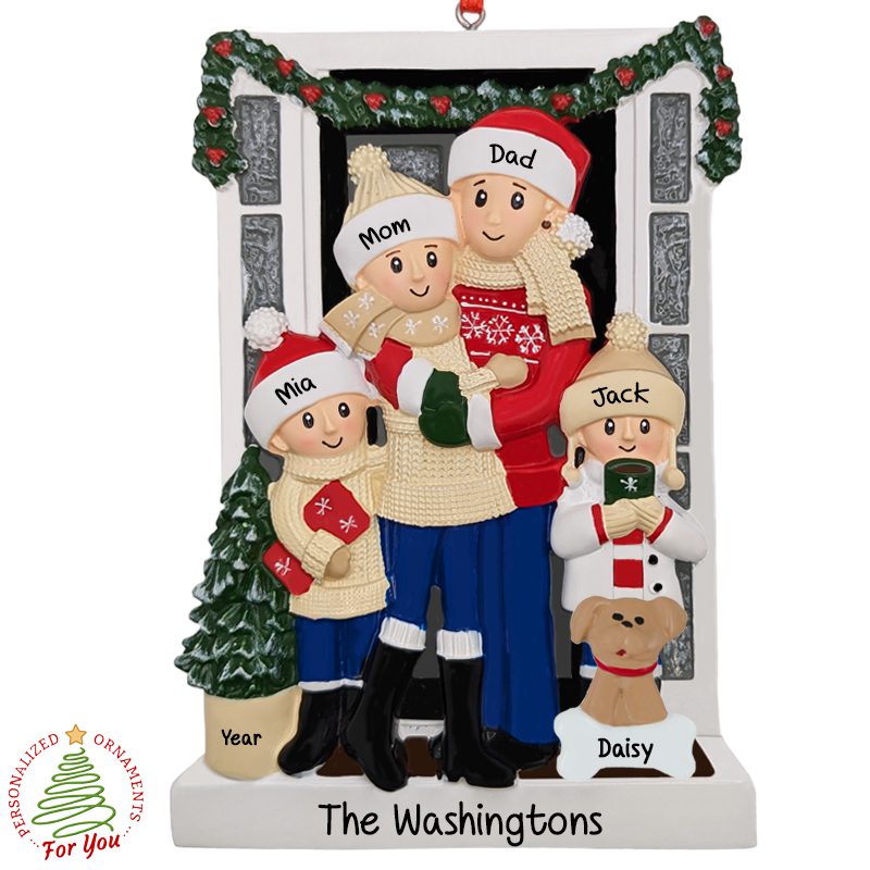 Personalized Family Of 4 With Dog In Front Of Festive Home Ornament ...