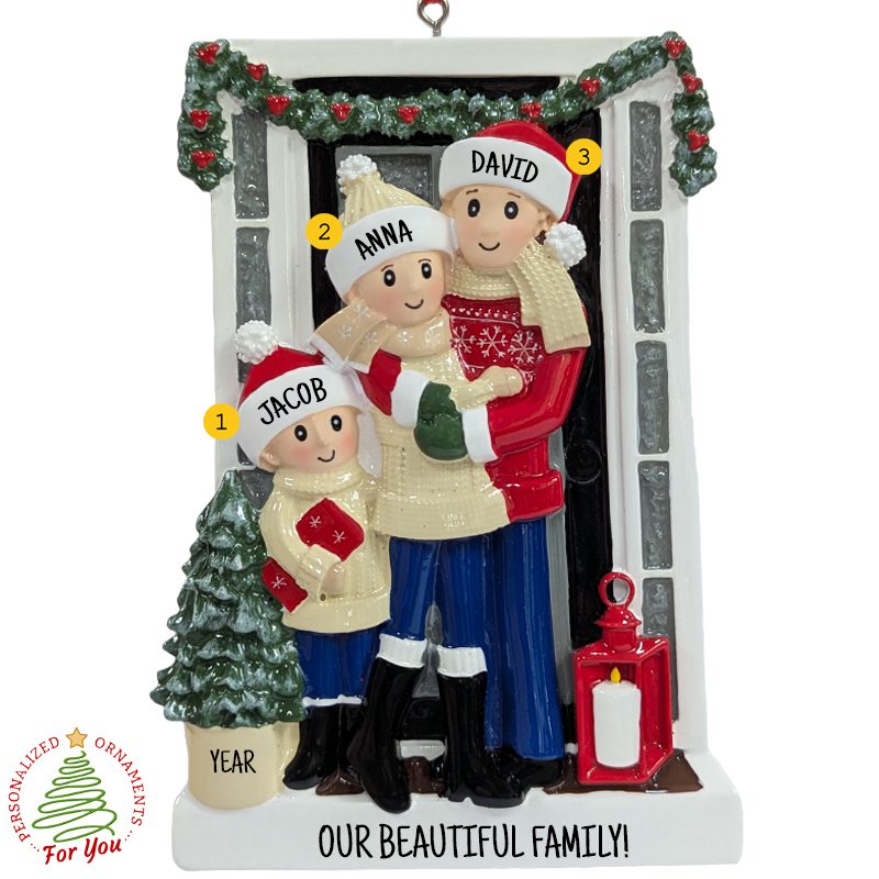 Personalized Family Of 3 In Front Of Festive Home Ornament ...