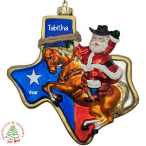 Personalized Santa On Horse Glittered Glass Texas Ornament