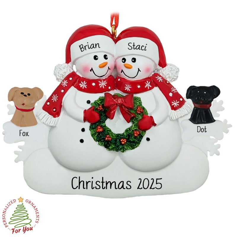 Personalized Couple And 2 Dogs Glittered Green Wreath Ornament ...