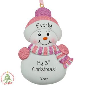 Personalized Adorable PINK Snowman's 3rd Christmas Ornament