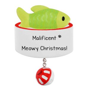 Personalized Meowy Christmas Cat Bowl With Fish And Toy Ornament