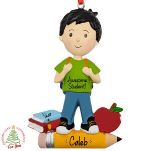 Personalized Little Boy Loves School Ornament BLACK Hair