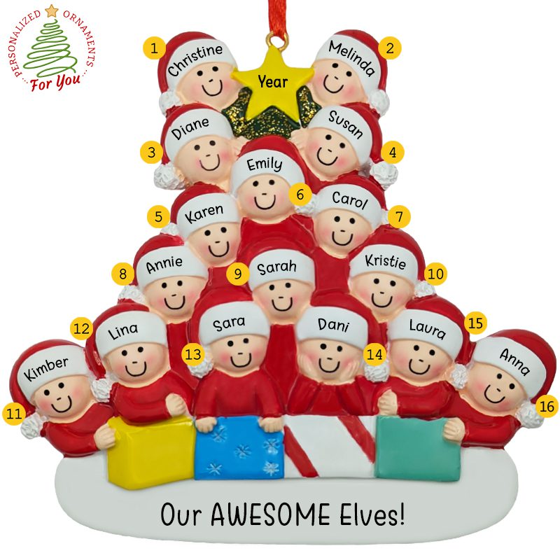Family Or Group Of 16 Wearing Caps Glittered Tree Personalized Ornament