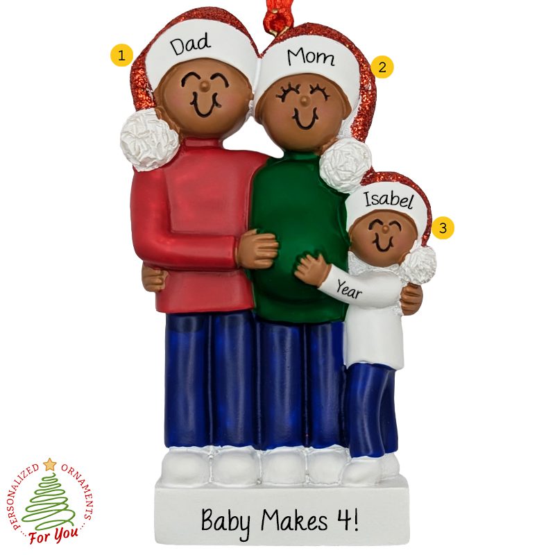 Personalized Family Of Three Expecting Baby Ornament African American ...