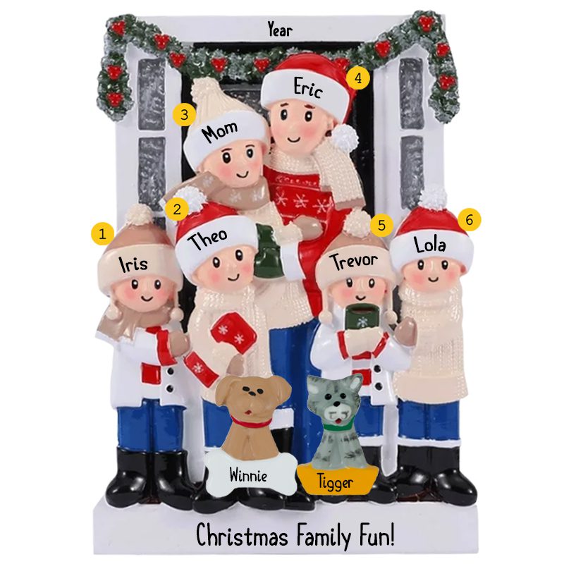 Personalized Family Of 6 With 2 Pets In Front Of Festive Home Ornament ...