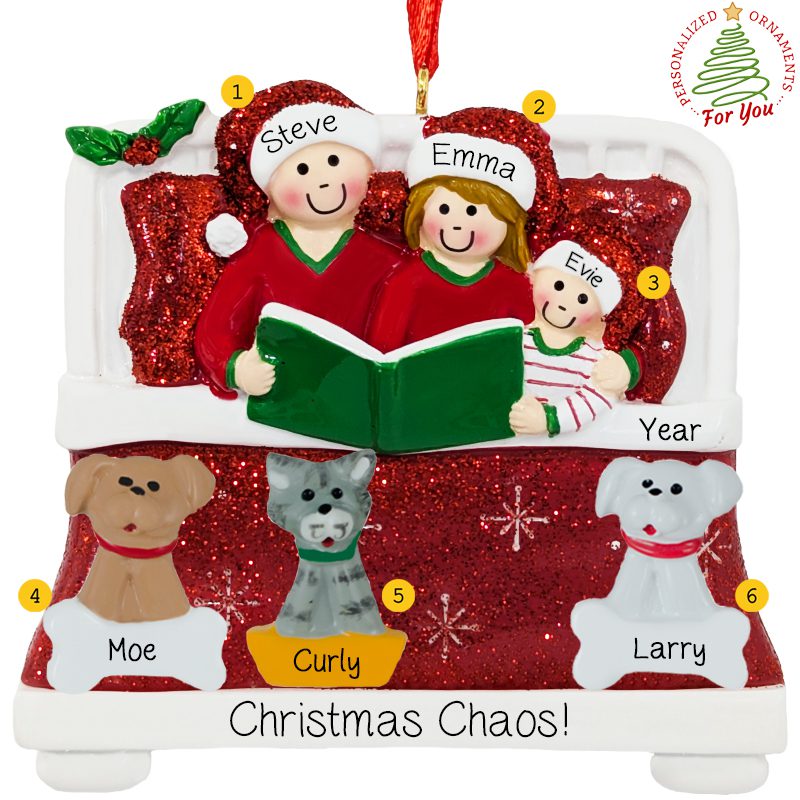 Family Of 3 With 3 Pets In Bed Keepsake Personalized Ornament RED ...