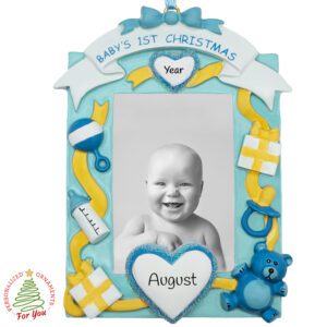 Personalized Baby BOY'S First Christmas Picture Frame Ornament BLUE