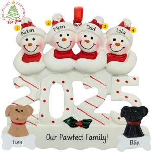 Personalized 2025 Family Of 4 Snowmen With 2 Dogs Ornament