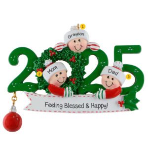 Personalized 2025 Family Of 3 GREEN Glittered Wreath Ornament
