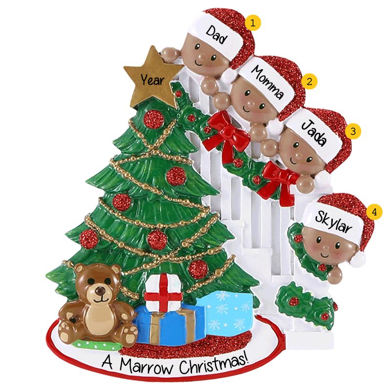 Happy African American Family Of 4 Christmas Tree Glittered Ornament ...