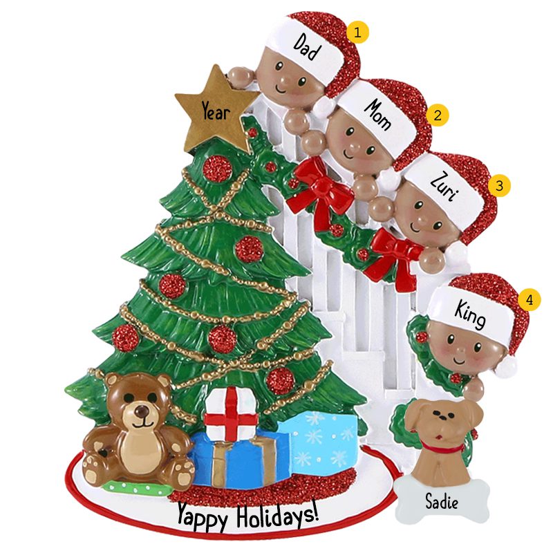 African American Family Of 4 With Dog Christmas Tree Glittered Ornament ...