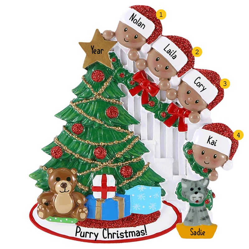African American Family Of 4 With Cat Christmas Tree Glittered Ornament ...