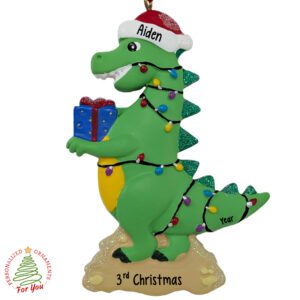 Child's 3rd Christmas Green Dino Holding Present Glittered Ornament
