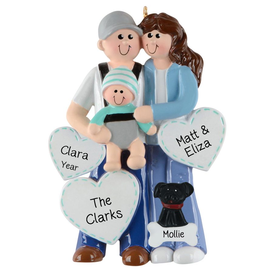 Family Of Three With Baby And Dog Keepsake Personalized Ornament ...
