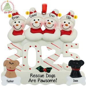 Family Of 4 Snowmen With 2 Rescue Dogs 2025 Keepsake Ornament