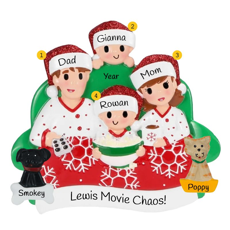Personalized Family Of Four With 2 Pets Movie Night Glittered Ornament ...