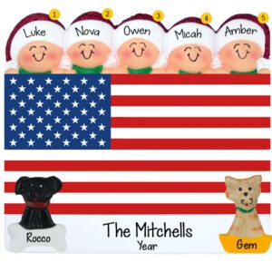 Proud American Family Of 5 With 2 Pets USA Flag Ornament
