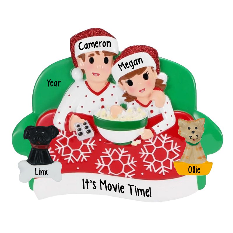 Personalized Couple On Couch With 2 Pets Glittered Ornament ...