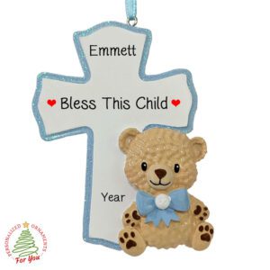 Personalized BLUE Bless This Child BLUE Cross And Teddy Bear Ornament