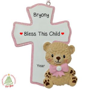 Personalized PINK Bless This Child Cross And Teddy Bear Ornament