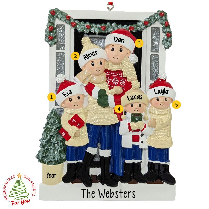 Sweet Family Of 5 In Front Of Festive Home Personalized Ornament ...