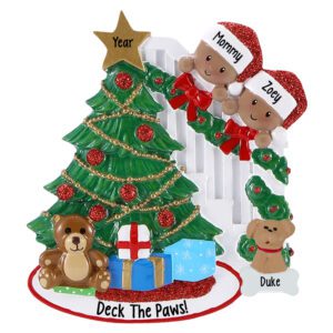 Single Parent And 1 Child With Pet Peeking Around Tree Ornament African American