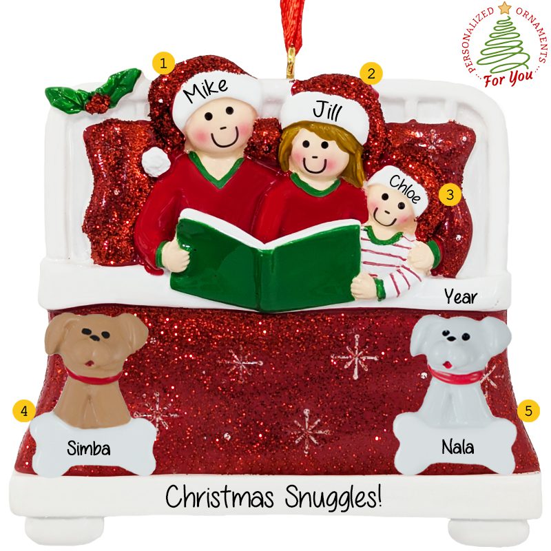 Family Of 3 With 2 Pets In Bed Keepsake Personalized Ornament RED ...