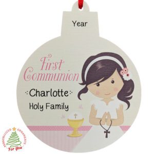 Personalized First Communion BRUNETTE GIRL Wooden Keepsake Ornament