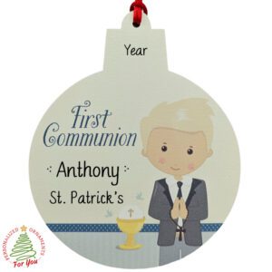 Personalized First Communion BLONDE BOY Wooden Keepsake Ornament