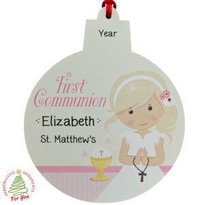 Personalized First Communion BLONDE GIRL Wooden Keepsake Ornament