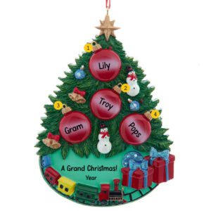 Grandparents And 2 Grandkids Tree With Train And Presents Ornament