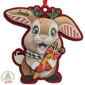 Personalized Cute BUNNY Holding Carrot Glittered Wooden Ornament