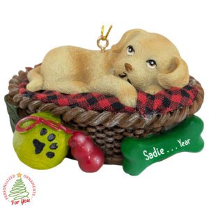 Personalized TAN Puppy In Basket Bed Fully Dimensional Keepsake Ornament