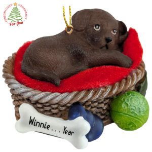 Personalized DARK BROWN Puppy In Basket Bed Fully Dimensional Keepsake Ornament