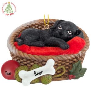 Personalized BLACK Puppy In Basket Bed Fully Dimensional Keepsake Ornament