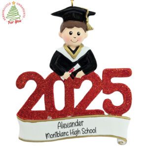 Personalized 2025 RED Glittered High School Graduate MALE Keepsake Ornament