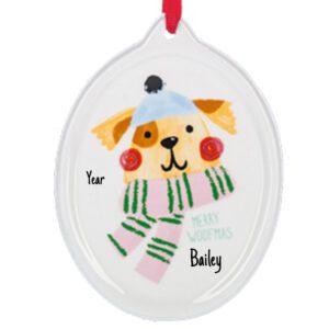 Personalized MERRY WOOFMAS Dog Ornament – Ceramic with Red Ribbon